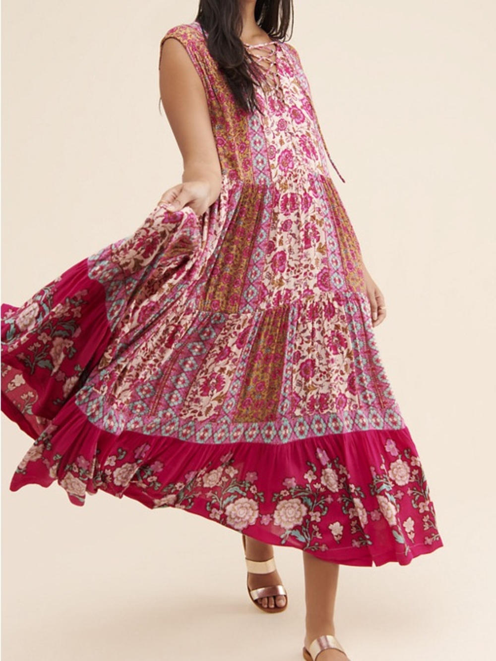 Free People Fuchsia Pink Floral Midi Oversized Dress Size L